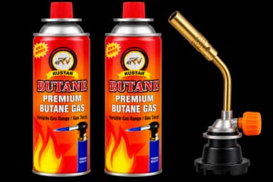 RUSTAR Butane Gas 230g x 2 with Manual Gas Torch | Portable Butane Gas Canisters & Torch Combo